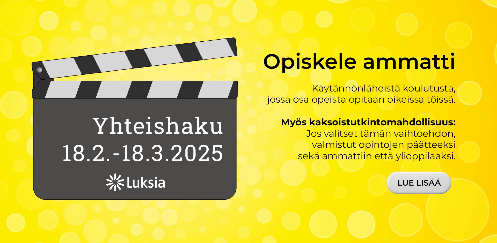 Käsi, jossa keltaiset auringonsäteet. Säteissä lukee eri ammattinimikkeitä. Lue lisää tästä -linkki.